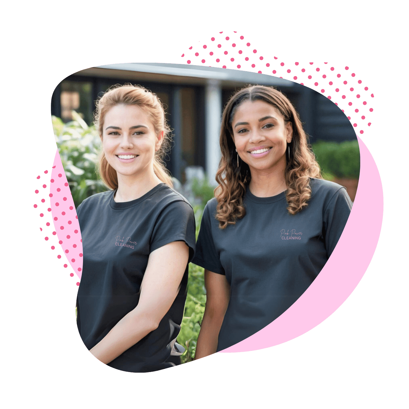 Two smiling Pink Power Cleaning team members, ready to provide professional biweekly cleaning services.