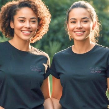 Two smiling Pink Power Cleaning team members, ready to provide professional biweekly cleaning services.