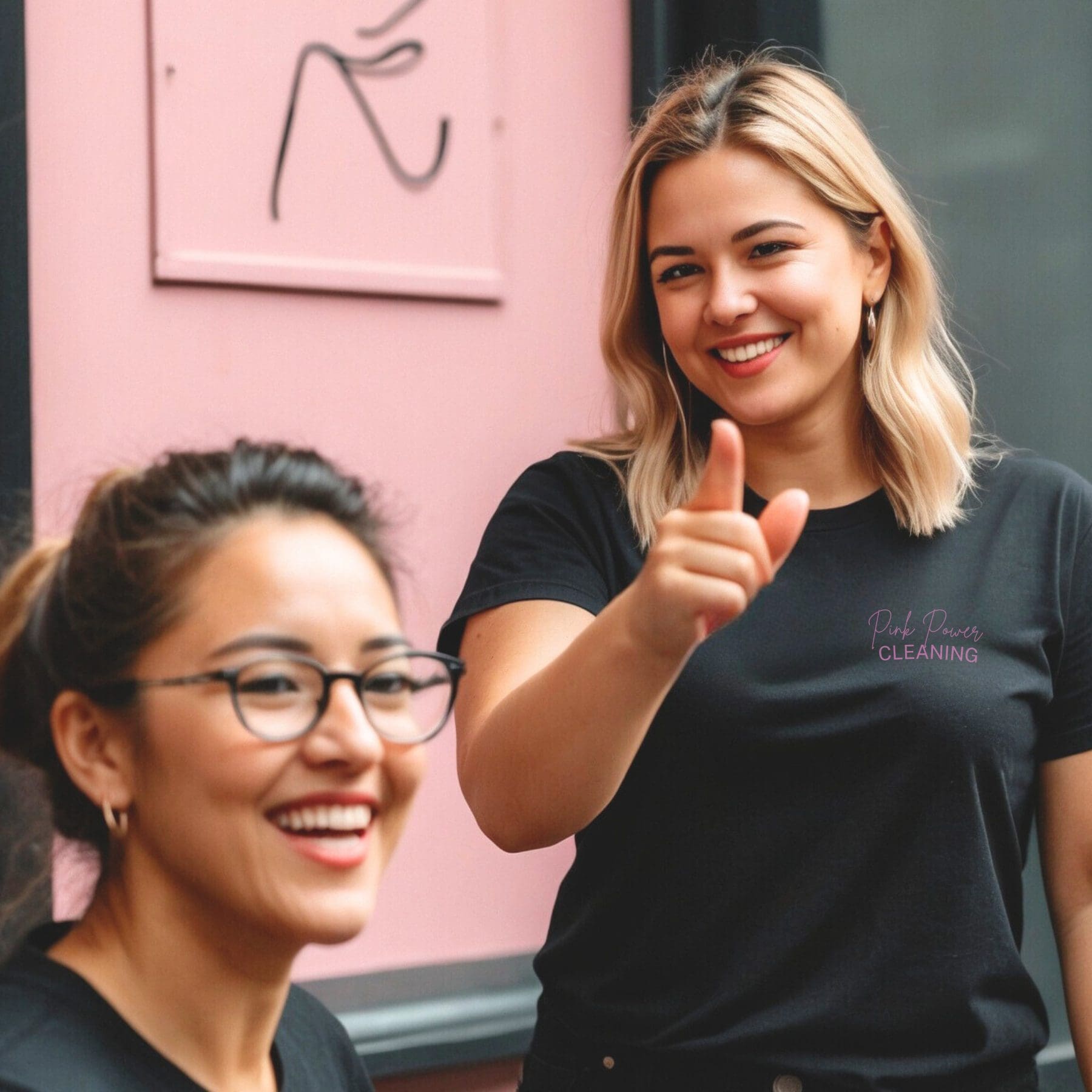 Two smiling Pink Power Cleaning team members, providing friendly and professional cleaning services.