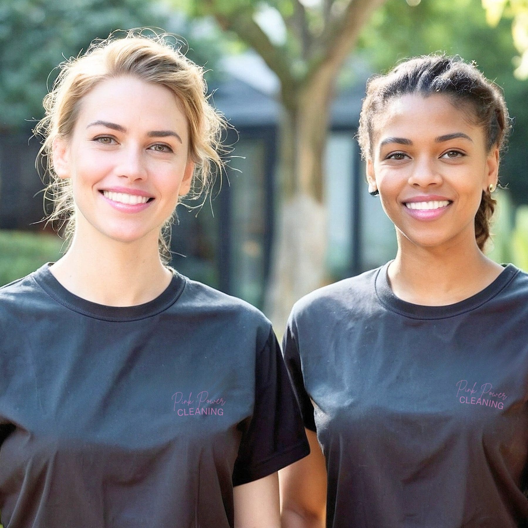 Two smiling Pink Power Cleaning team members, ready to provide exceptional cleaning services.