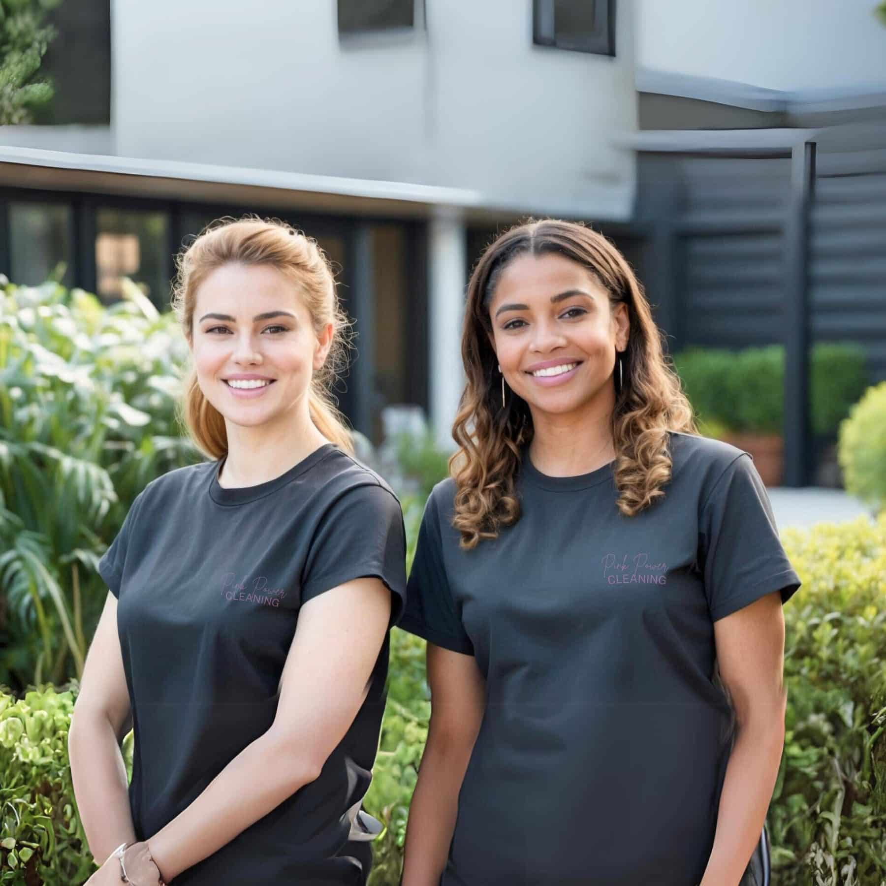 Two friendly Pink Power Cleaning team members standing outside, ready to provide top-notch cleaning services.