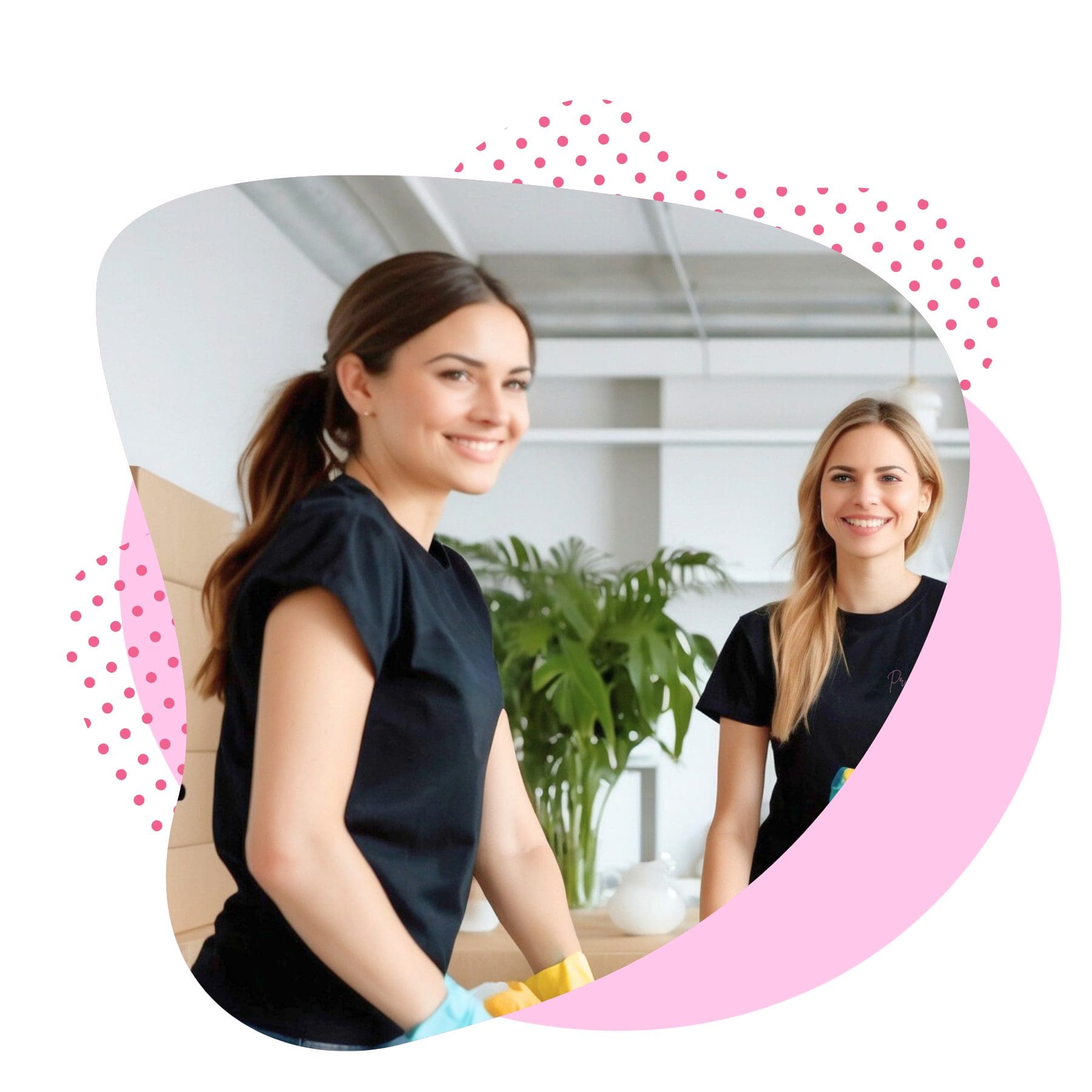 Two smiling Pink Power Cleaning team members, ready to provide professional cleaning services.