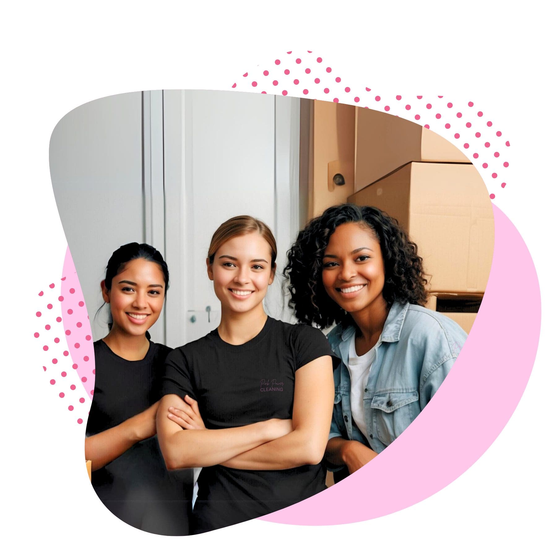 Three smiling Pink Power Cleaning team members, ready to deliver top-notch cleaning services.