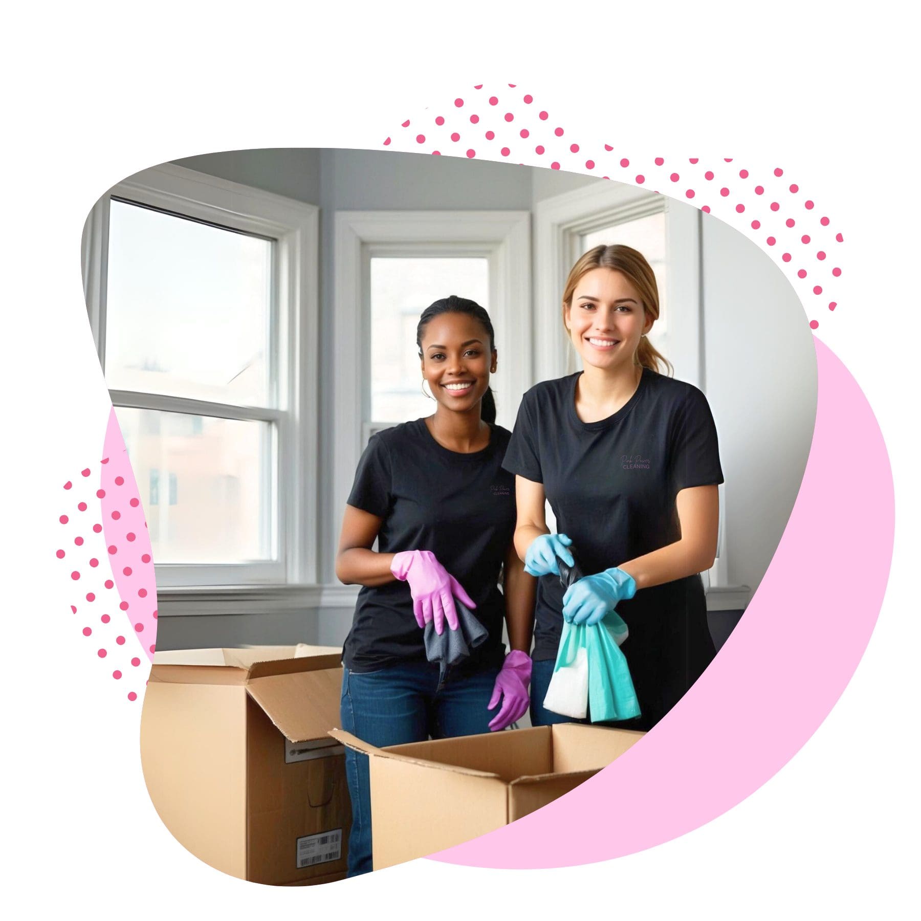 Two smiling team members of Pink Power Cleaning, demonstrating their professional and meticulous approach.