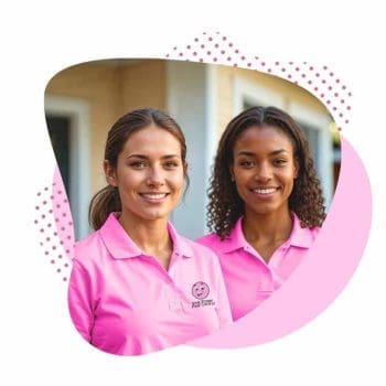 Two female teammates from Pink Power Cleaning & Pest Control Services in Troy OH wearing pink uniforms and smiling outside a home.